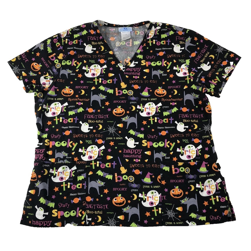 SB Scrubs Top Women's Size Large Black Halloween Pumpkins Ghosts Cats Pockets